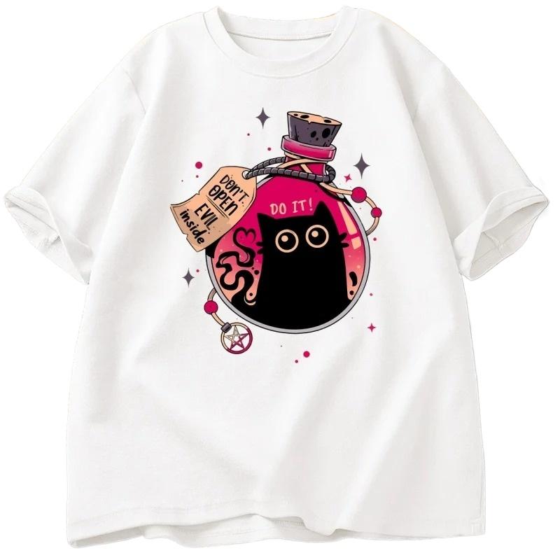 

Evil Black Cat in The Bottle Tshirt Summer Fashion Tshirt Short Sleeve Female Cat Pattern Clothing Street Fashion Clothing Y2K S