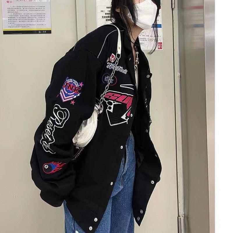 Giacca da baseball in stile Y2K Racing da donna, cappotto stampato, vintage, casual, a blocchi di colore, a maniche lunghe, abbigliamento universitario autunnale