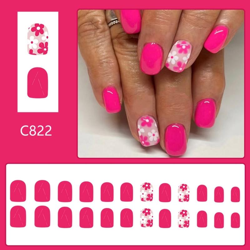24 Pcs Short Square Press On Nail Flowers False Nail Glossy Nail Tips Full Cover Stick On Nail Acrylic Nail for Woman