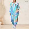 Women Plus Size V Neck Long Sleeve Printed Nurse Scrub Two Piece Set With Pockets