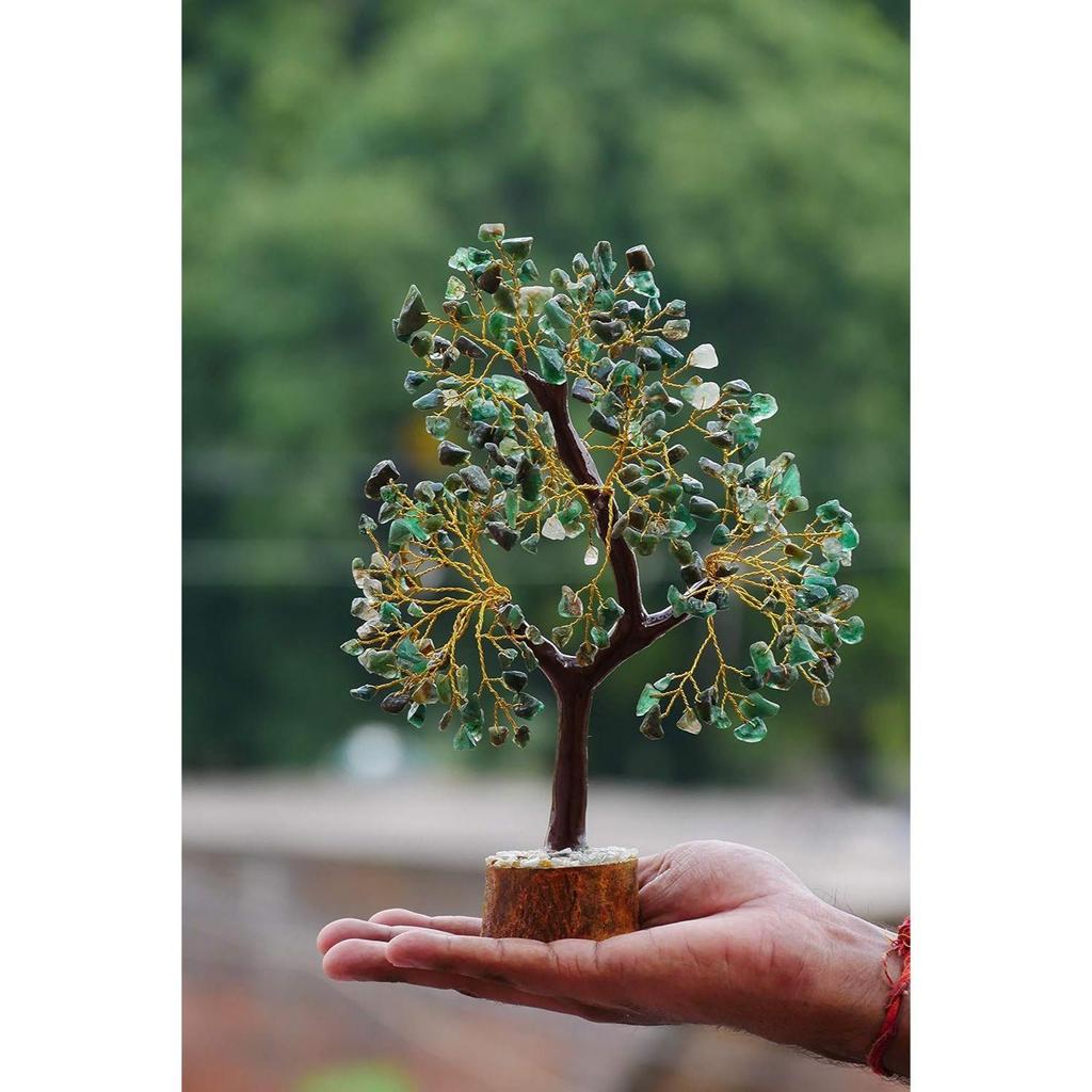 Green Aventurine Crystal Gemstone Bonsai Money Tree with Golden Wire and 300 Beads Figurine for Home Decor Decoration Showpiece Standard Size