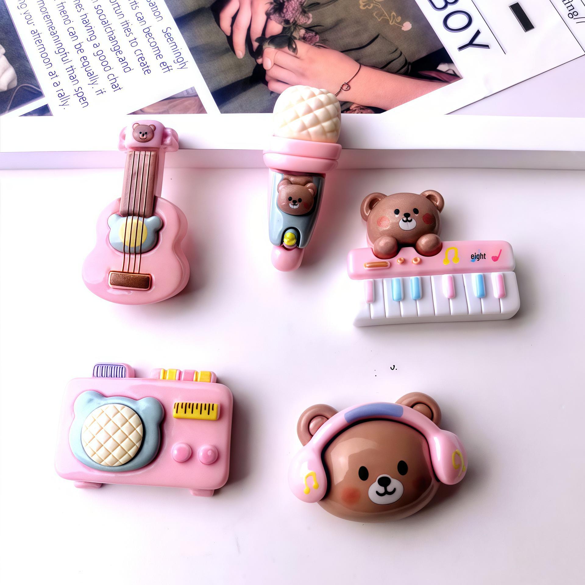 Cartoon Glossy Music Bear Series: Guitar, Microphone, Speaker Hair Clips, Hair Ties, Phone Cases, DIY Resin Accessories Small Card