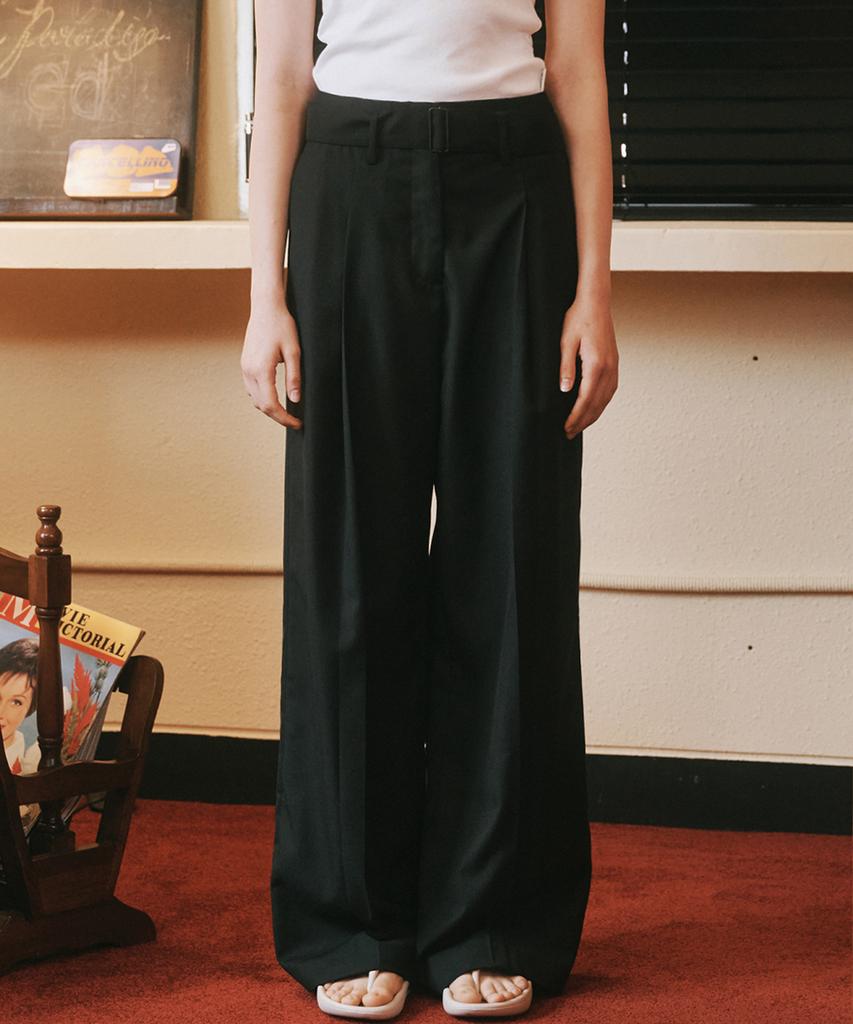 MALOUPE 2155 Single-Pleat Belted Wide Pants (Navy)