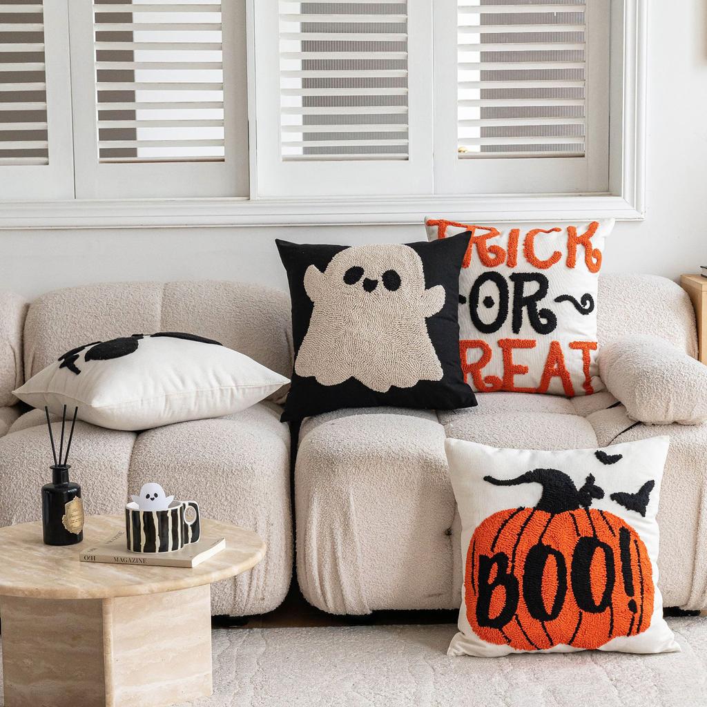 Halloween Embroidery Throw Pillowcase Orange Pumpkin Cotton Decoration Pillow Cushion Cover Sofa Car Halloween Party Supplies
