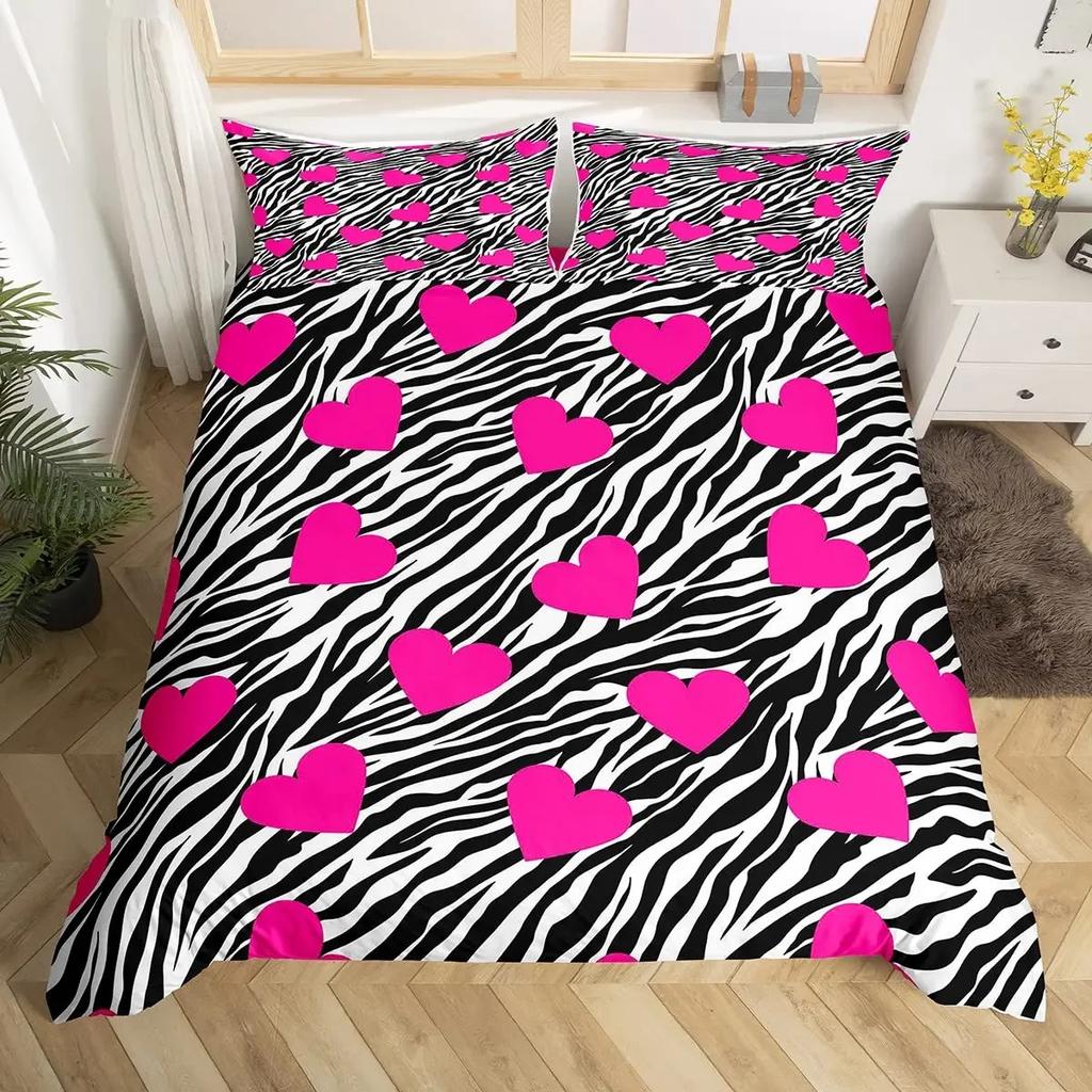 Queen Bedding Set Zebra Stripes Duvet Cover Red Glitter Lips Comforter Cover Girls Women Black White Leopard Print Duvet Set