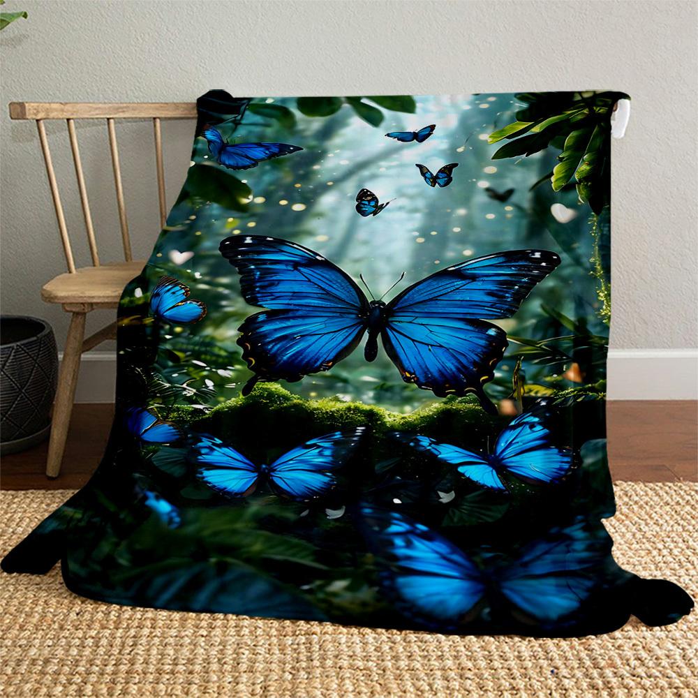1PC Blue Butterflies forestOutdoor Flannel Blanket - Soft Plush Decor for Picnics, Camping, Bedroom, Playroom, Office, or Lunch Break 1370A