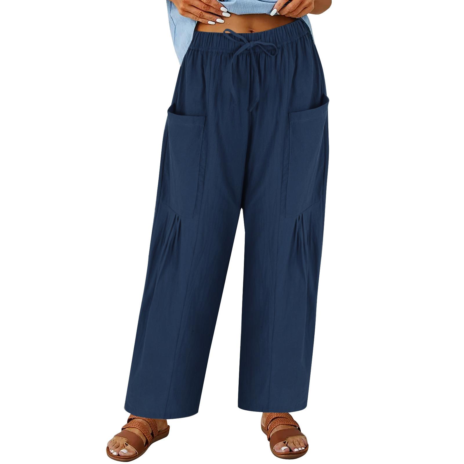 Women’s Cotton-Linen Casual Pleated Fashionable Pocket Drawstring Wide-Leg Cropped Trousers / Beach Trousers S темно-синий
