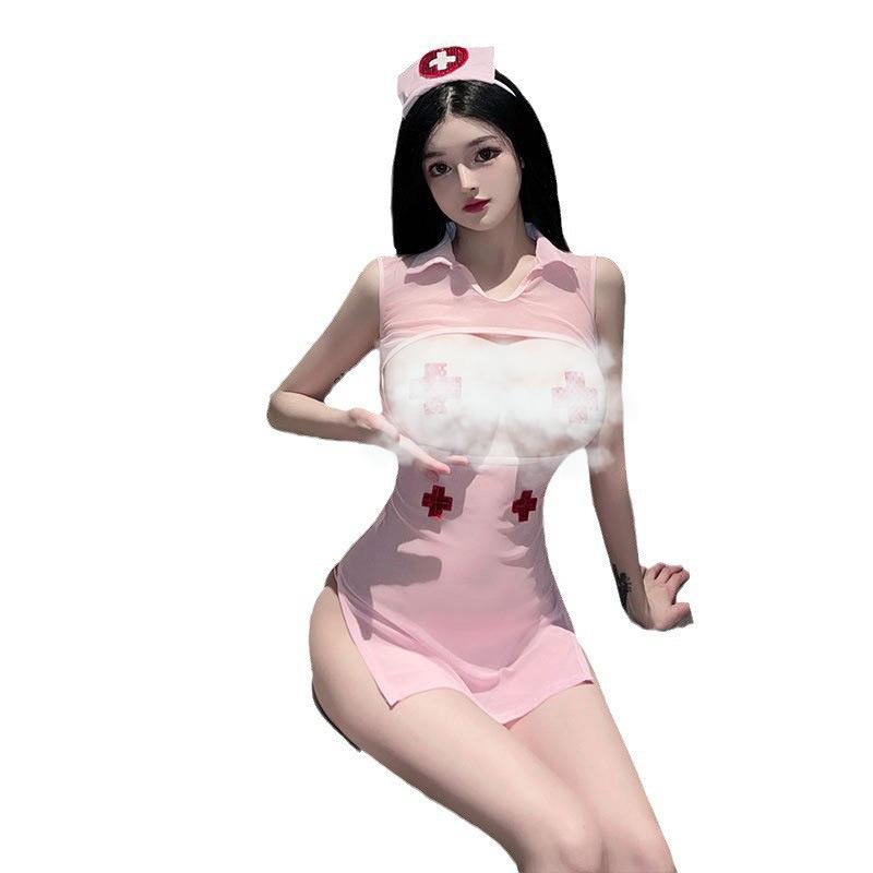 Sexy lingerie hollowed out hot nurse uniform female perspective seduction cosplay