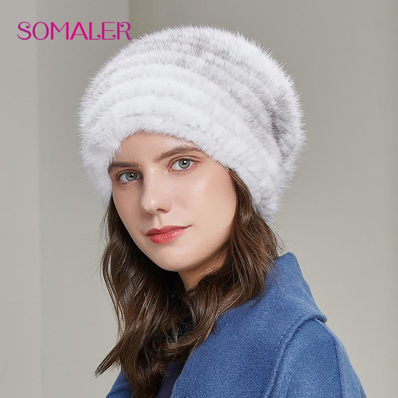 SOMALER Winter Mink Fur Hats for Women Warm Loose Casual Girls Slouchy Beanie for Cold Weather