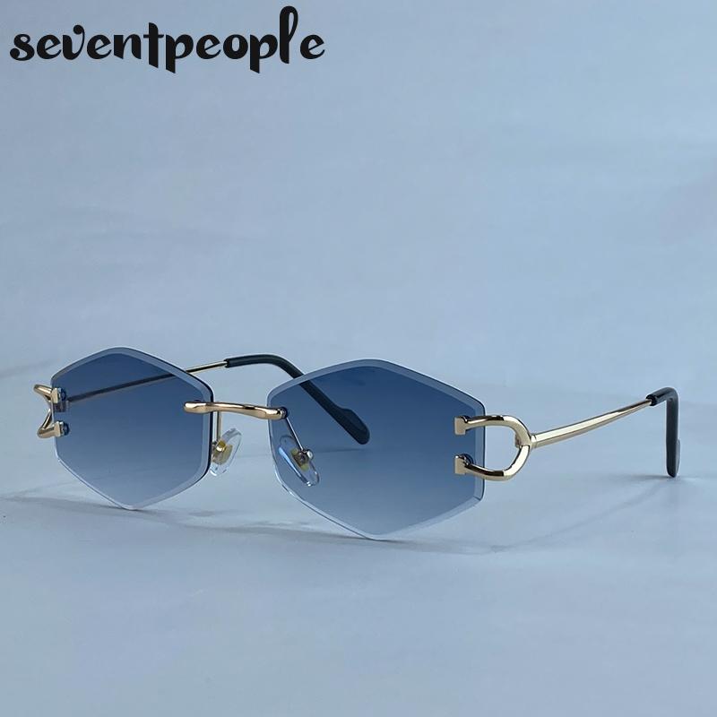 Small Frame Polygon Rimless Sunglasses Women Luxury Brand Vintage Steampunk Hexagon Sun Glasses For Ladies Outdoor Shades