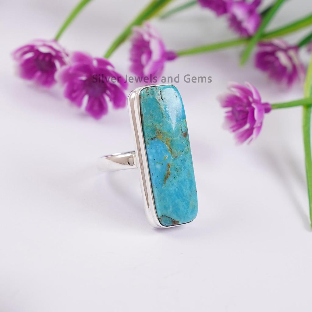Natural Arizona Turquoise Long Ring, 925 Sterling Silver Ring, Rectangle Turquoise Ring, Handmade Ring, Gift for Women, Gemstone Ring