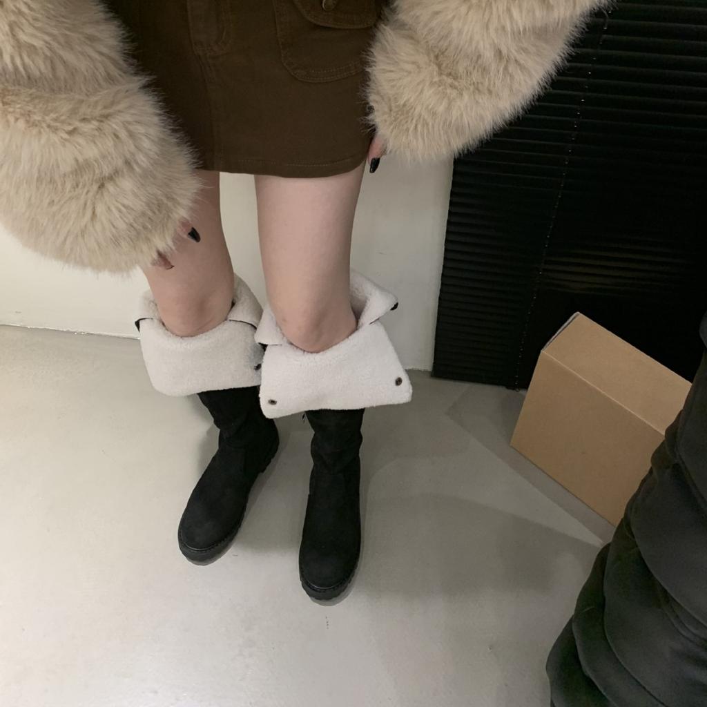 2025 podzim a zima nové kulaté špičky chlupaté boční zip silný podpatek vysoká holenní část Martin teplé sněhové dámské rytířské boty