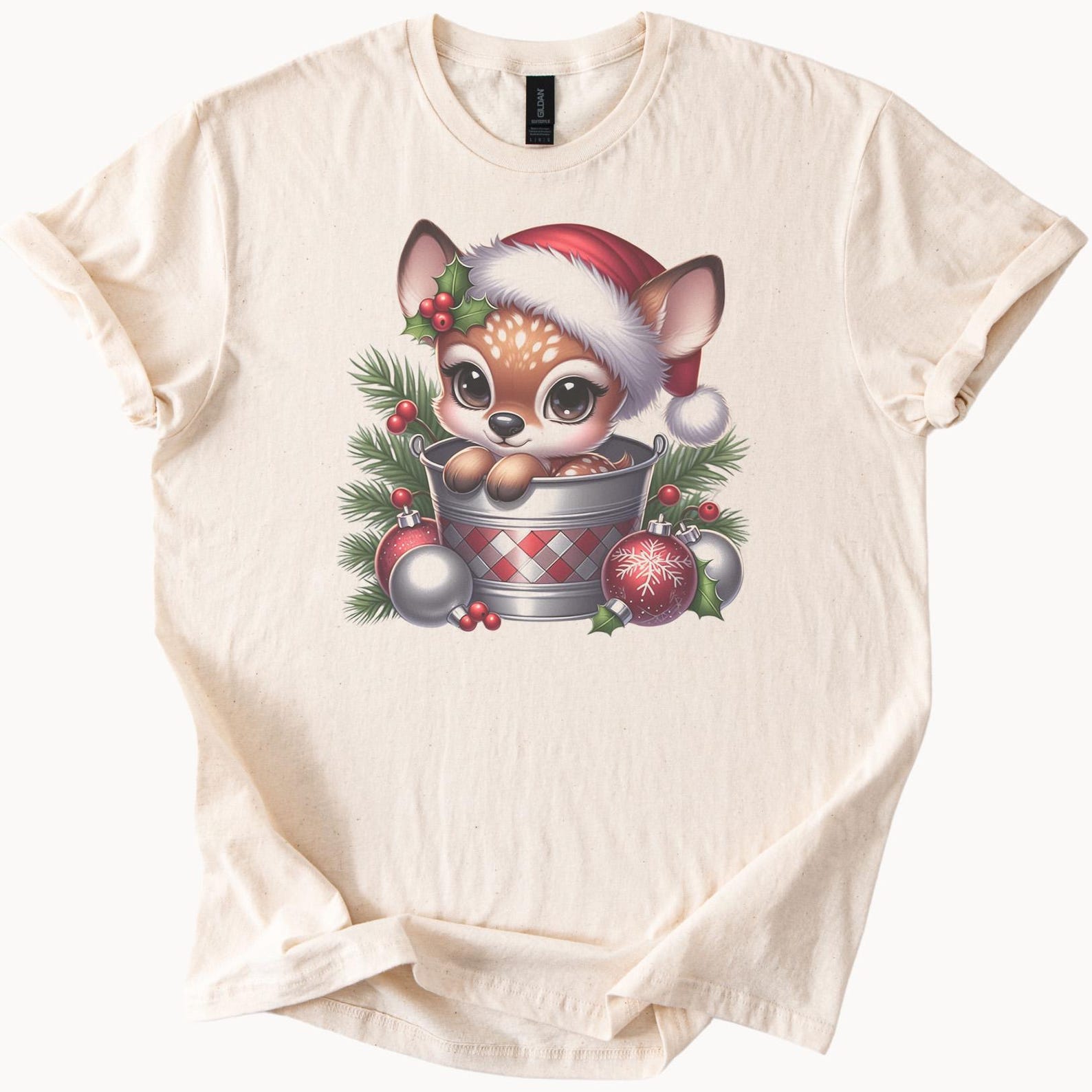 Christmas Cat Santa Hat Holiday Graphic T Shirt Festive Cat in Bucket Pine Ornaments Shirt 100