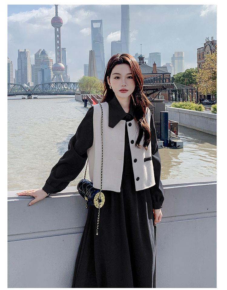 Women's Spring 2024 Long Sleeve Shirt Dress with Fashionable Vest - Two-Piece Set