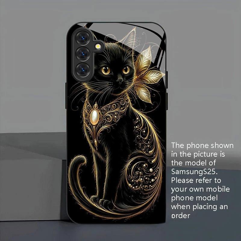 Black Gold Meow Rhyme Pattern Glass Phone Case Suitable for Samsung Galaxy S26 S25 S24 S22 S21 S20 FE/Ultra/Plus Anti Drop