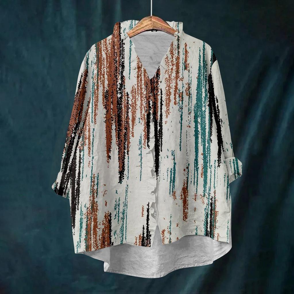 Dame Løs Volangert Blomstert Trykk Ståkrage Langermet Bomull og Lin Topp