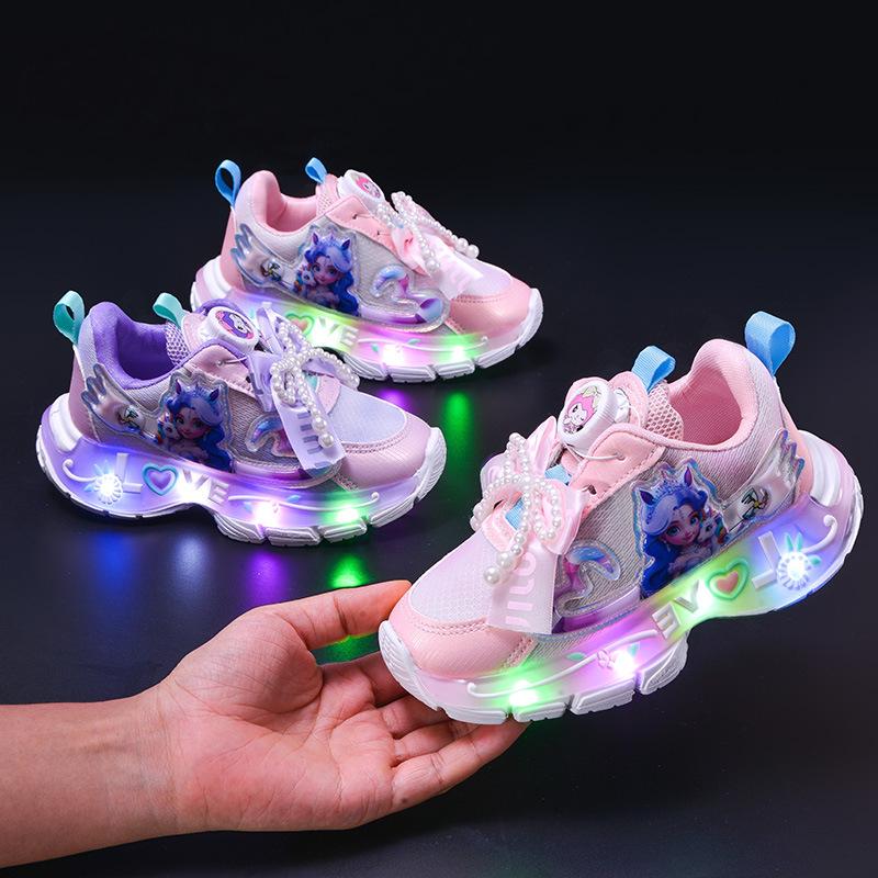 2025 Autumn Cartoon Princess Rotating Mesh Anime Luminous Girls' Sports Shoes