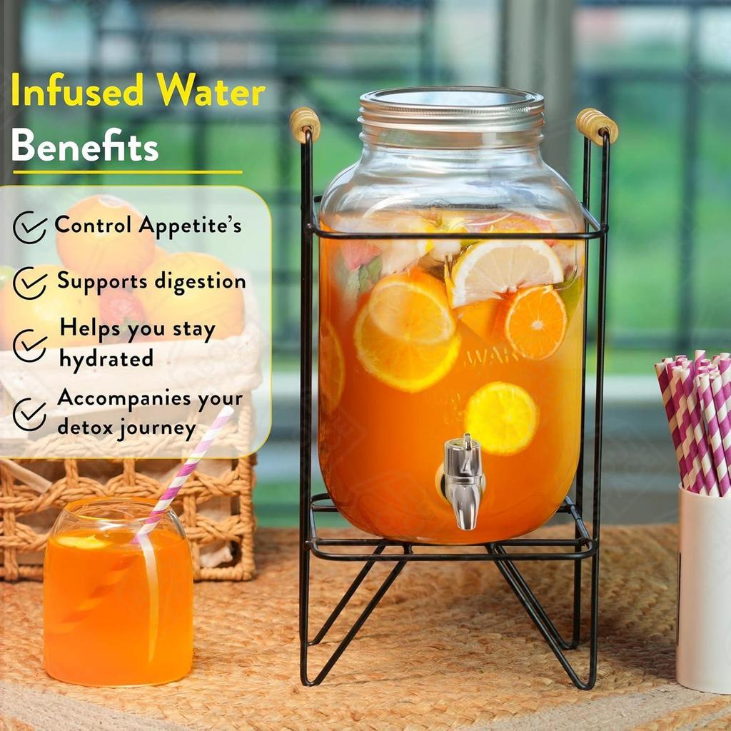 4 Litre Glass Water Dispenser with Stand - Air Tight Lid Glass Pitcher for Detox Water - Counter Table Top Juice Infused Water Beer Dispenser