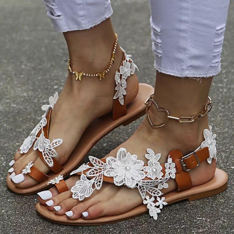 

Летние новые кружевные сандалии-цветы для пляжа, женские, с закрытым носком, большого размера-4, женские сандалии на плоской подошве 43 коричневый