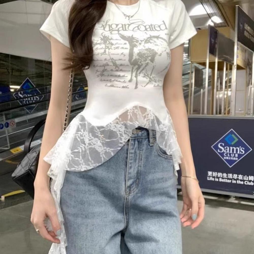 T-skjorte med fransk blonde og korte ermer for kvinner Ny sommer Slim fit Topp med bokstavtrykk