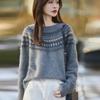Women's Red Cashmere Fair Isle Heavy Knit Sweater - Autumn/Winter Round Neck, Super Thick and Stylish.