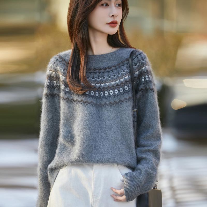 Women's Red Cashmere Fair Isle Heavy Knit Sweater - Autumn/Winter Round Neck, Super Thick and Stylish.