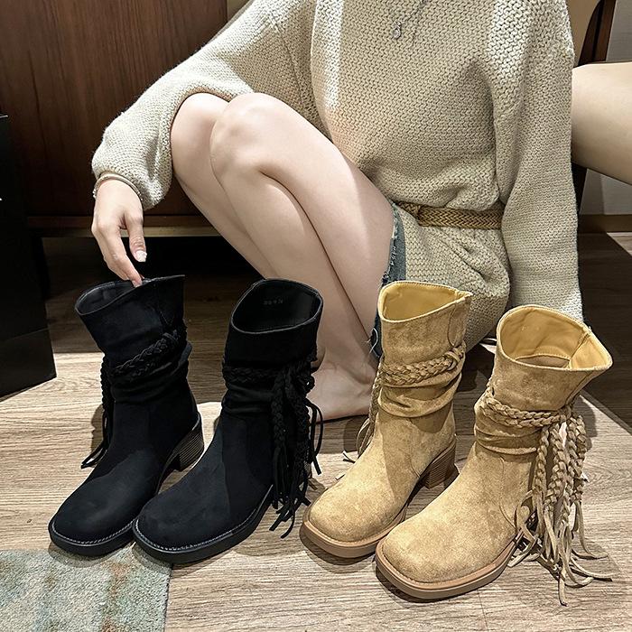Retro wasteland fringed knight boots autumn design thick heel but knee Martin boots versatile fashion mid boots