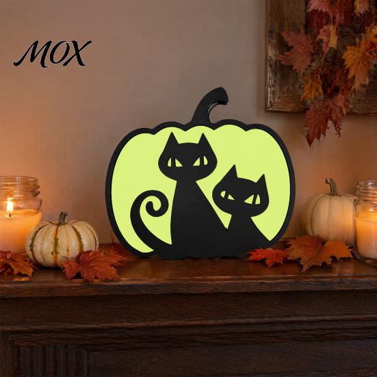 Indoor Halloween Atmosphere Lighting Glow-in-The-Dark Pumpkin, Spooky Wooden Pumpkin Ornament, Black Cats Luminous Ornament Bats Ghosts Silhouette