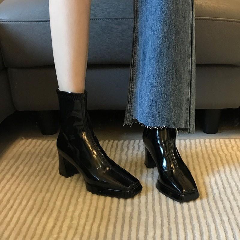 New autumn and winter high-heeled short boots fashionable versatile square-head patent leather Martin boots thick-heeled thin boots fashion boots