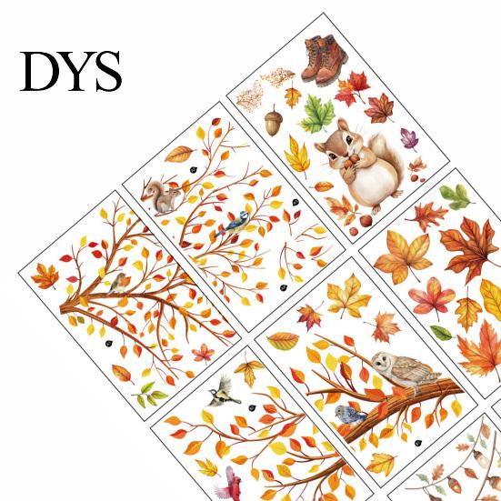 DIY Fall Party Window Ornaments 9PCS Thanksgiving Static Clings, Leaves Birds Cute Animals Easy Clean Film for Winter Glass Stickers, No-Adhesive