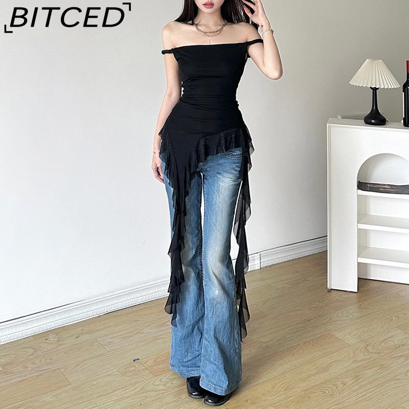 BITCED Spring Women's Solid-Colour Slim-Fit Streetwear Off-the-Shoulder Sleeveless Backless Top