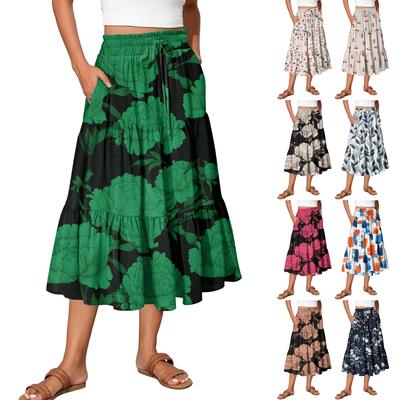 Saia Maxi Feminina Cordão Cintura Alta Verão Saias Longas Leve Camadas Fluida Floral Plissada