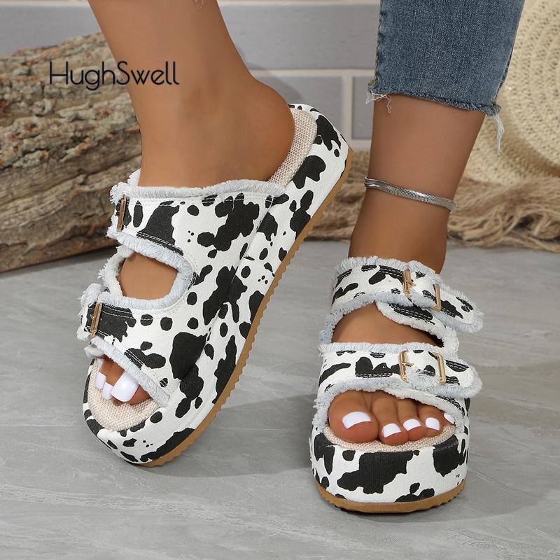 Fashion Camouflage Green Canvas Slide Sandals Woman Chic Fringed Design Buckle Strap Slippers Ladies Cow Print Thick Sole Mule Shoes