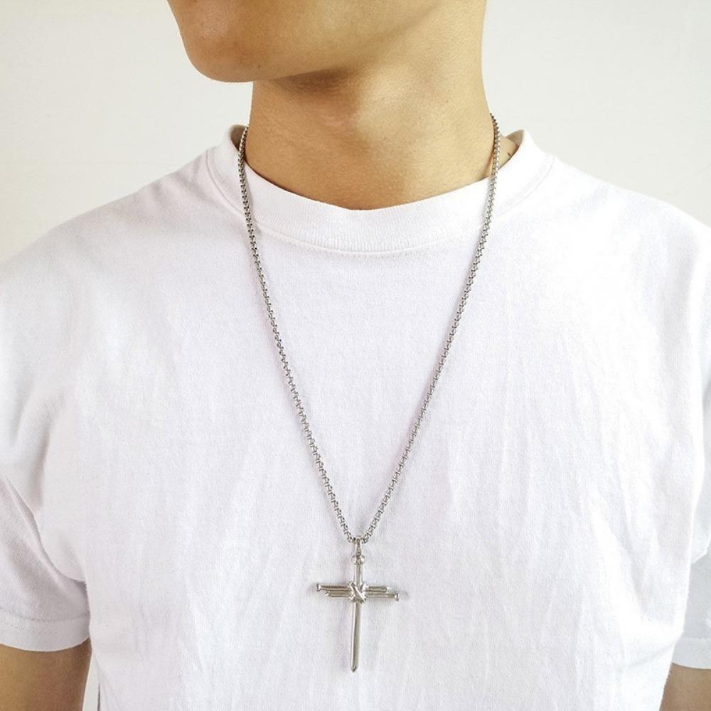 1PC Steel Nail Shaped Cross Pendant Necklace for Boys, Black/Golden/coppery Finish