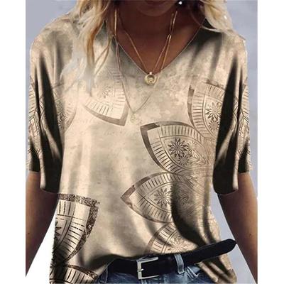Camicetta casual da donna con scollo a V e maniche corte stampate a fiori, t-shirt ampia, estate 2022
