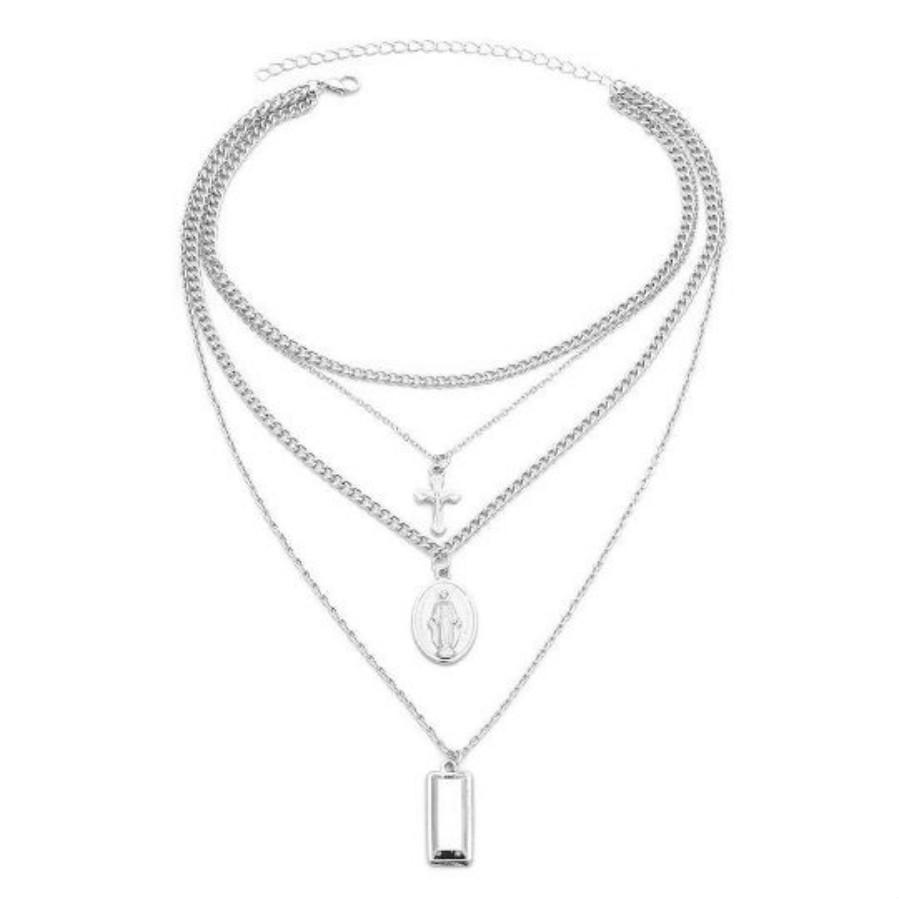 Vintage Personality Exaggerated Madonna Cross Alloy Multilayer Pendant Necklace