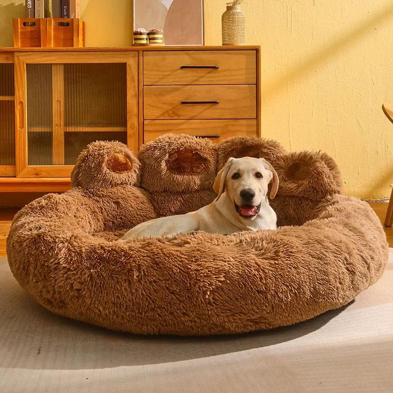 

Fluffy Pet Round Bed Adorable Bear Paw Dog Kennel Winter Warm Cat Nest Gentle Plush Cushion Bed Cushion Basket Supplies M-50cm кофейный