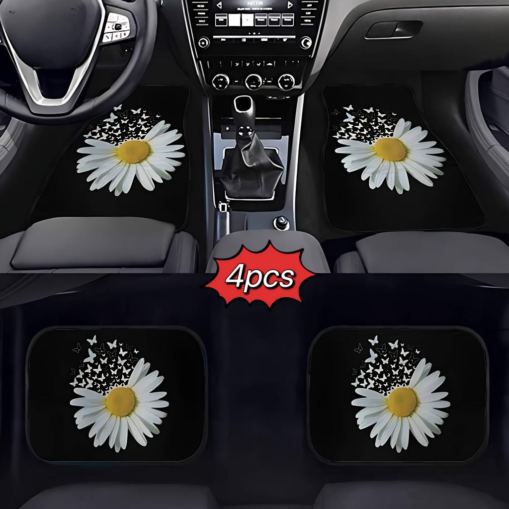 4pcs White Daisy Butterfly Car Non-Slip Carpet | Polyester, Easy To Clean & Install, Suitable for Cars & SUVs, Universal Fit