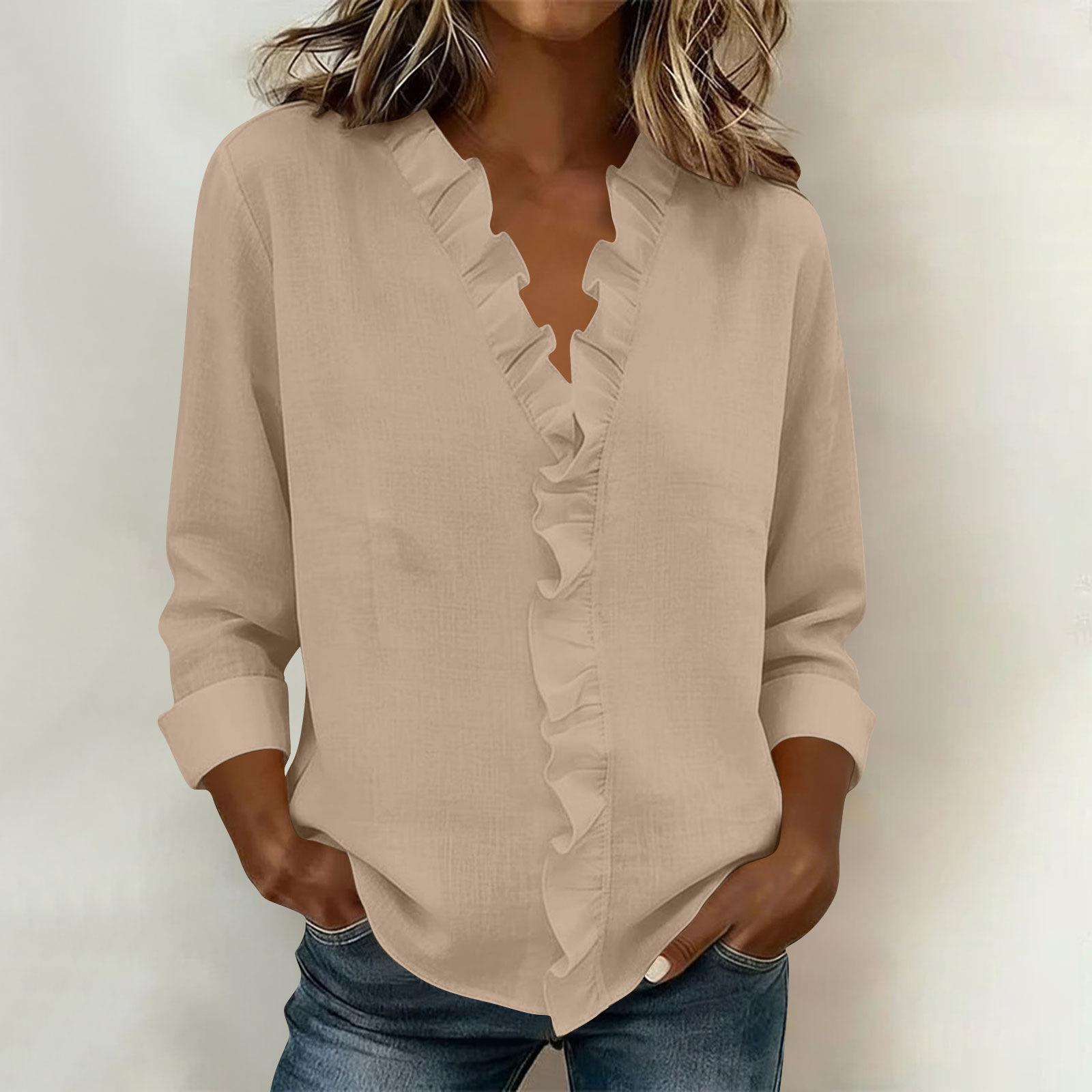 Women s Fashionable V Neck Long Sleeved Shirt Casual Pullover Cotton And Linen Top M