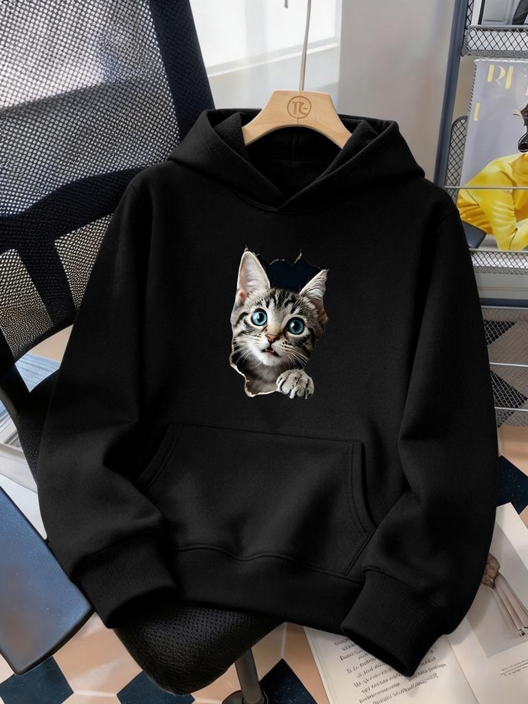 unisex Hoodie Casual Versatile Style Fashion Sports Hooded Sweatshirt with Cute Cat And Distressed Design, Adorable Pattern Print - Casual Pullover wi