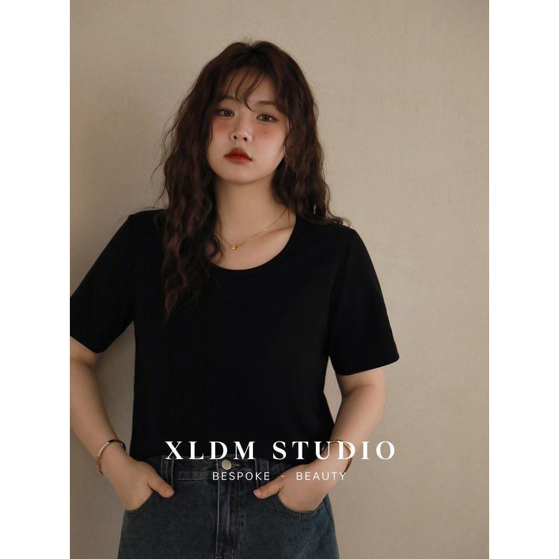 Thin Upgraded U-Neck 4-Color Shoulder Plus Size Ladies Short Sleeve