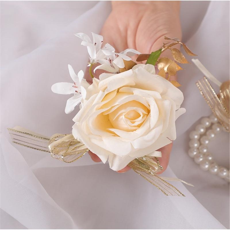 Luxurious Artificial Flower Bride Wrist Flower Chest Corsage With Golden Foliage Design Wedding Party Wrist Jewelry