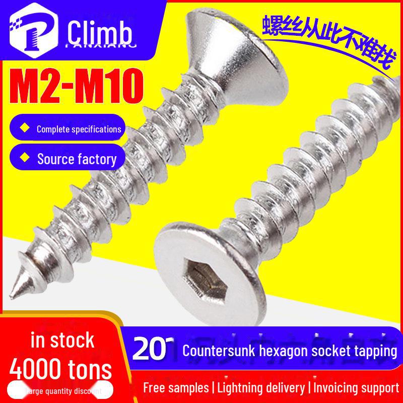 201 Stainless Steel Flat Head Hex Socket Self-Tapping Screws - Countersunk, Sizes M3 M4 M5 M6