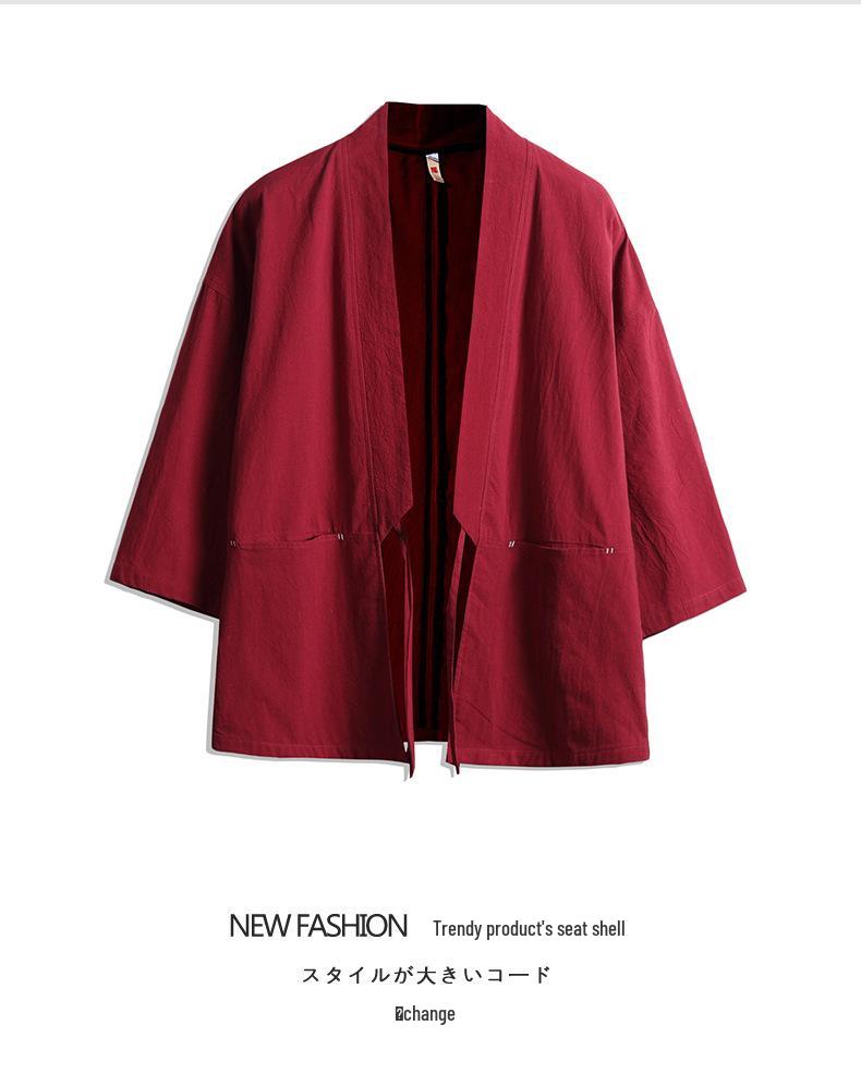 Men's Chinese-Style Trench Coat with Tie-Waist, Cape Design, Seven-Sleeve Dao Robe, and Embroidered Hanfu Details.
