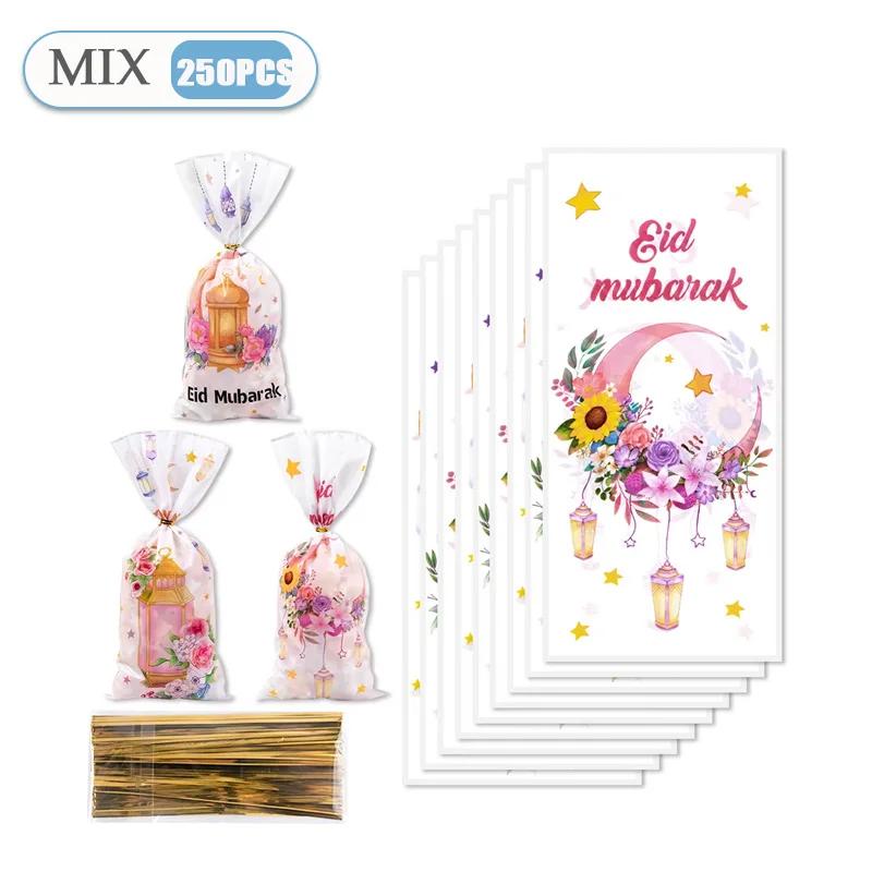 50-500PCS Ramadan Holiday Flat Pouch Set 3 in 1 Flower Crescent Pattern Eid Mubarak Candy Favor Party Gift Bag