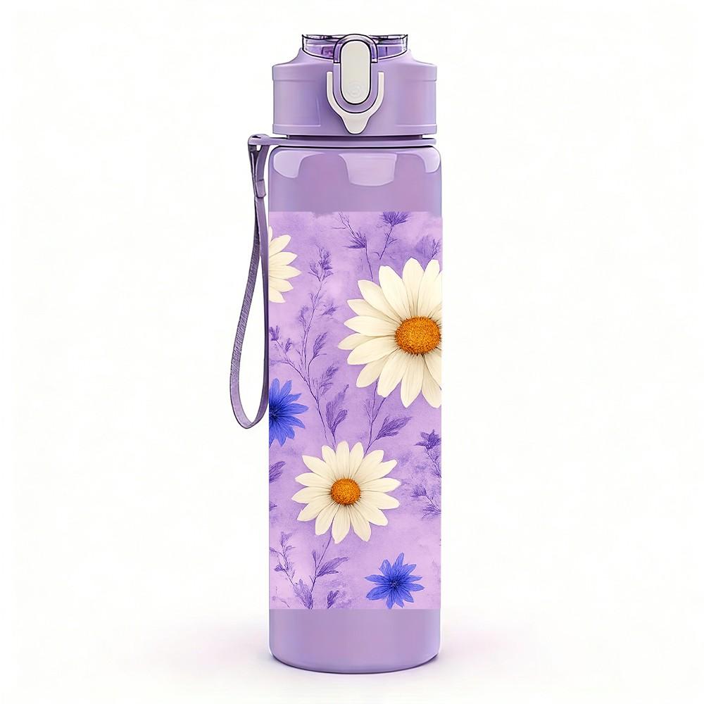 1PC Purple Daisy Floral Pattern 750ml Color Plastic Sports Water Bottle Leakproof Flip Straw Lid Suitable for Sports Office Home Use