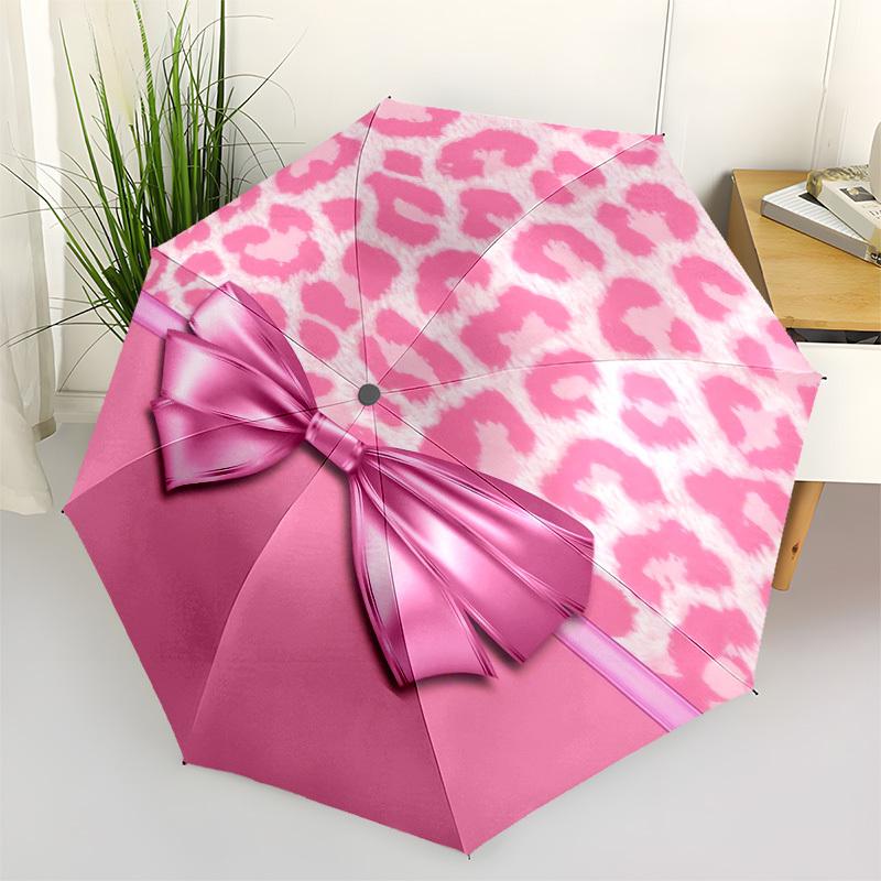 1pc Pink Leopard Print Bow Umbrella with Plastic Handle,Compact & Stylish,Cartoon Pattern,Outdoor UmbrellaPT334