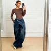 Wide Leg Pants Women Vintage Denim Jeans Punk Style Loose Trousers Stretch Mid Waist Washed Distressed