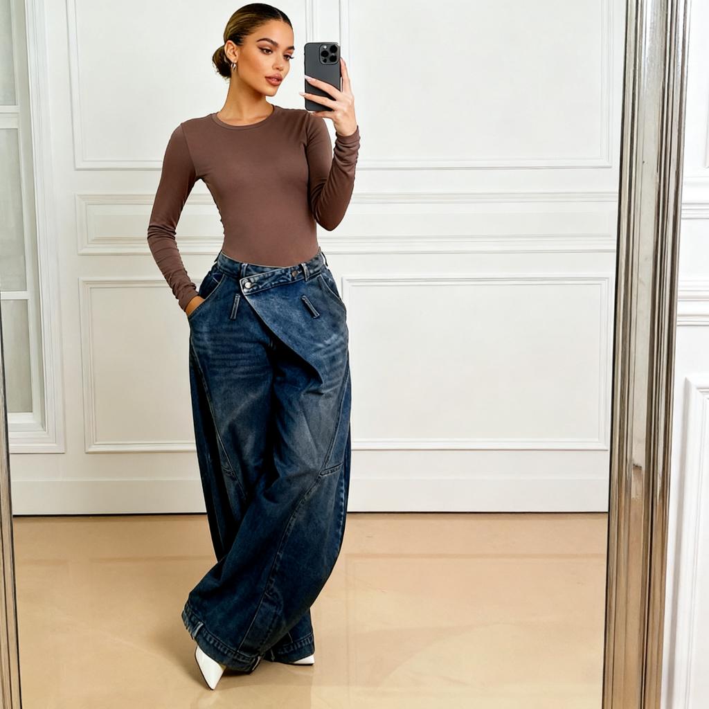 Wide Leg Pants Women Vintage Denim Jeans Punk Style Loose Trousers Stretch Mid Waist Washed Distressed