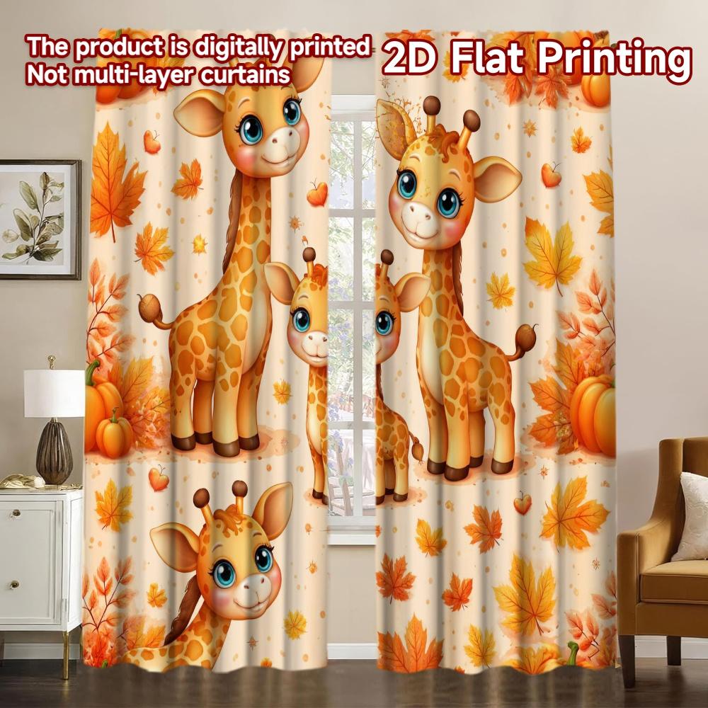 2D FLAT PRINTING 2pcs Curtains (Without Rod) Autumn Giraffes and Pumpkins Popular Fashionable Curtains Versatile 100% Polyester